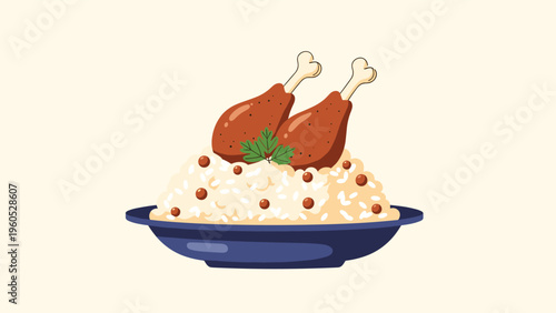 Traditional meal consisting of a plate of white rice mixed with beans and two roasted chicken drumsticks.