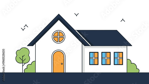Simple house illustration with a gabled roof and orange door surrounded by green trees and birds in the sky.