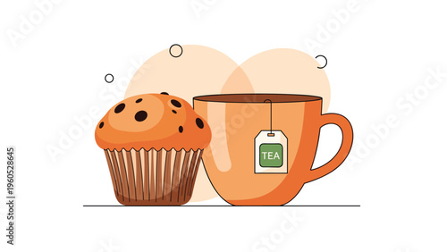 Hot cup of tea with a visible tea bag served with a delicious chocolate chip muffin for a relaxing snack.