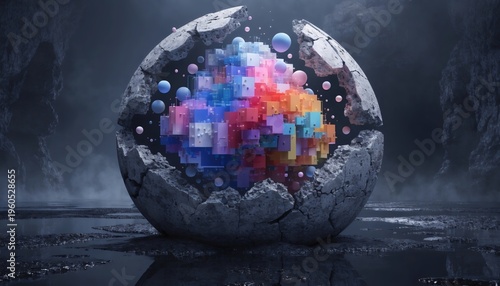 Cracked sphere revealing colorful digital brain with glowing pixels