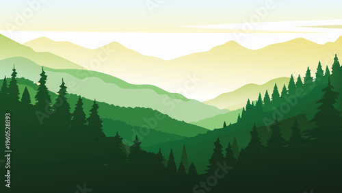 Stylized mountain landscape with layered forests and a pale sky