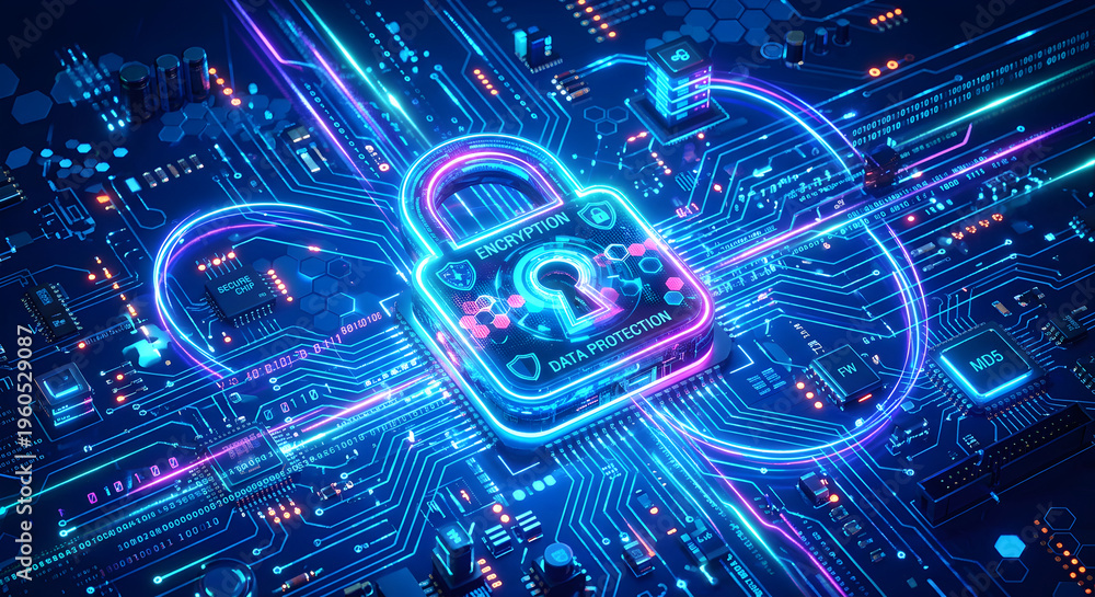 Fototapeta premium Cyber security concept with glowing digital padlock on a complex blue circuit board, representing data encryption and protection.