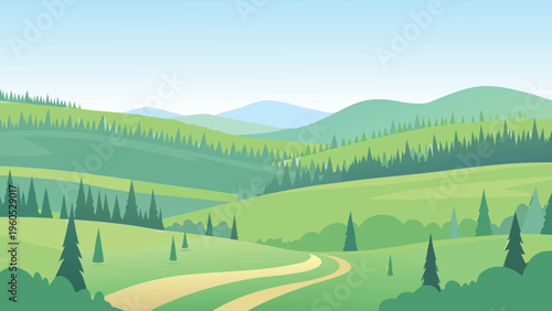 Scenic landscape featuring rolling green hills and a winding path