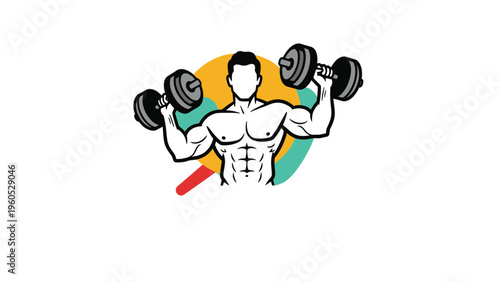 Strong bodybuilder lifting heavy dumbbells above his head for a workout session with colorful abstract shapes in the background for fitness themes.