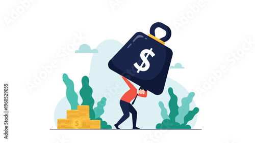 Conceptual illustration of a man struggling to balance a heavy black weight with a dollar sign on his back to represent debt and financial pressure.