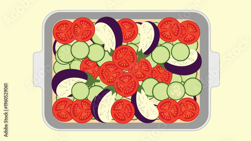 Healthy ratatouille vegetable dish in a rectangular baking pan filled with sliced tomatoes, eggplants, and zucchinis on a bright yellow background.