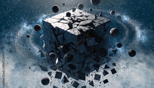 concrete cube breaking open in zero gravity space