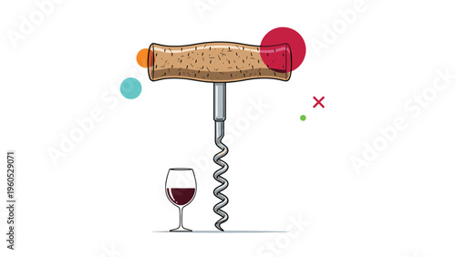Traditional wooden handled corkscrew tool standing next to a glass of red wine on a plain white background for dining and lifestyle concepts.