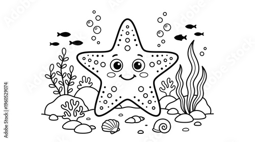 Smiling starfish with big eyes underwater.
