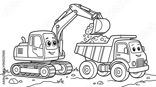 Excavator and dump truck cartoon vehicles.