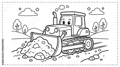 Smiling cartoon bulldozer with big eyes.