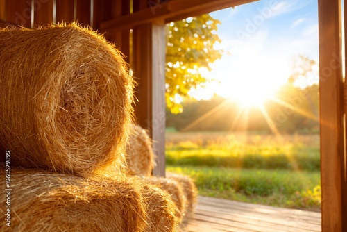 Wallpaper Mural Rustic Barn Interior with Sunlight Streaming Through Doorway onto Hay Bales Torontodigital.ca