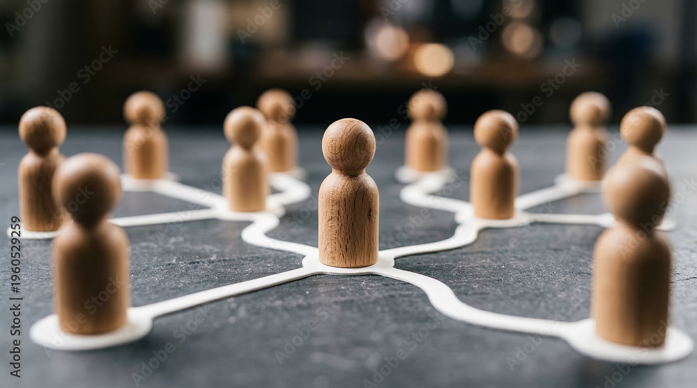 Obraz premium Connected wooden figures demonstrating organizational structure perfect for business team management hierarchy and establishing corporate network leadership