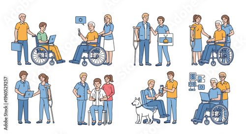 Set of illustrations showing medical caregivers and nurses helping people in wheelchairs and those using crutches for health and recovery.