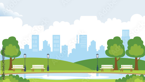 A peaceful city park with a pond and skyline backdrop