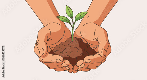 Hands holding a small plant seedling with soil, representing growth and new beginnings.