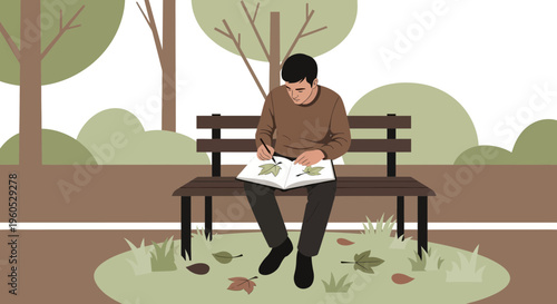 Man Drawing Autumn Leaves in Park Sitting on Bench