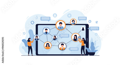 Social media networking concept shown on a digital tablet with icons of people connected by lines for online community and communication.