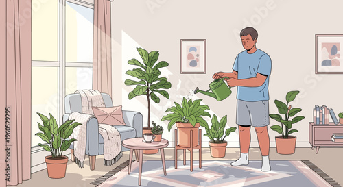 Man watering houseplants in a bright, cozy living room with natural light.