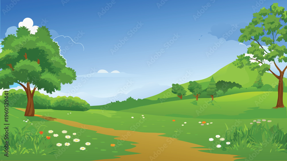 Fototapeta premium Serene landscape featuring a winding path and lush green scenery