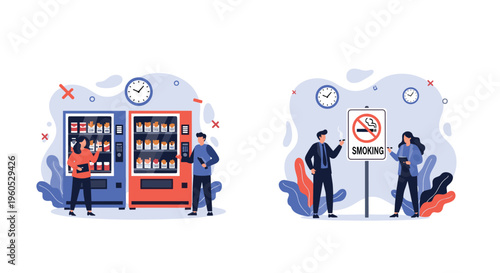 Comparison scenes of office life showing employees at cigarette vending machines and others standing next to a strict no smoking sign area.