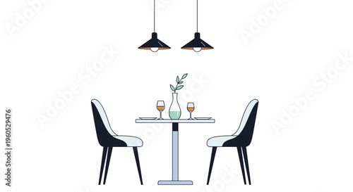 Simple and elegant dining table set for two people with wine glasses and a plant in a vase under hanging lamps for a minimalist restaurant.