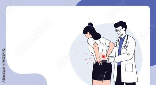Professional doctor examining a female patient with back pain and providing medical advice in a clinic environment for healthcare services.