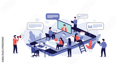 Diverse professionals collaborate on digital tasks while positioned on top of large smartphone representing mobile workspace.