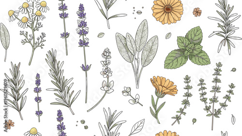 Botanical Herb and Flower Vector Set Featuring Lavender, Rosemary, Mint, Sage, and Marigold with Detailed Line Art