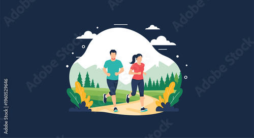 Man and woman engage in healthy outdoor activity by jogging along forest path with beautiful mountains in background.