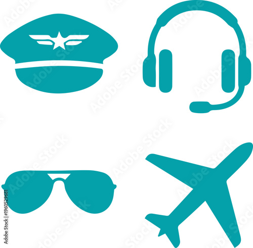 Pilot Accessories and Aviation Icon Set Silhouette