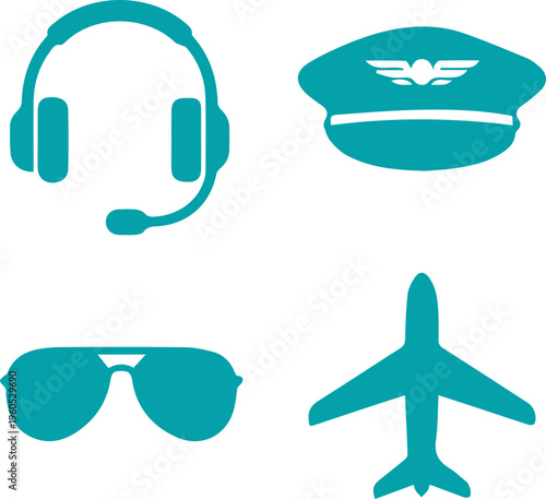 Pilot Accessories and Aviation Icon Set Silhouette
