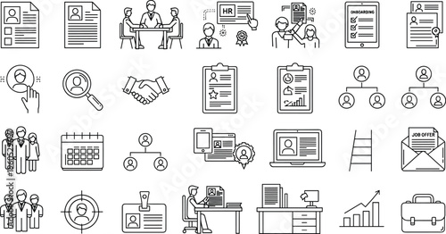 Business and Recruitment Icon Set Representing Job Search, Hiring Process, Resume, Interview, Employee, HR, Career Development, and Workplace Symbols