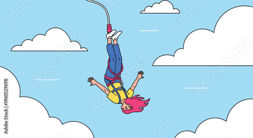 Adventurous individual with pink hair experiences thrill of bungee jumping while falling headfirst against blue cloudy sky.