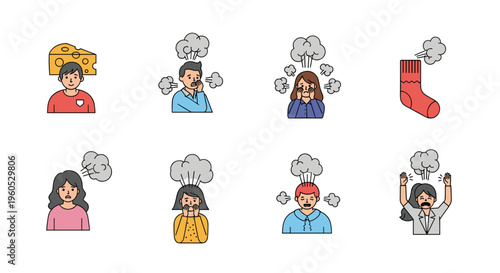 Collection of character icons illustrates various people experiencing unpleasant odors or feeling intense heat and frustration.