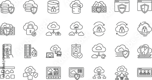 Cloud Security and Data Protection Icon Set Featuring Encryption, SaaS, API, Cloud Storage, Firewall, and Authentication Tools in Black and White