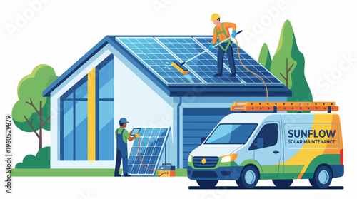 Two workers installing solar panels on blue-roofed white house with van, bright daytime productivity scene, side-view illustration