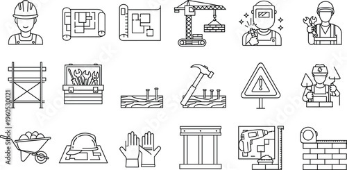 Construction and Safety Icon Set Featuring Worker, Tools, Scaffolding, Crane, Hammer, Helmet, and Blueprint Elements in Black and White