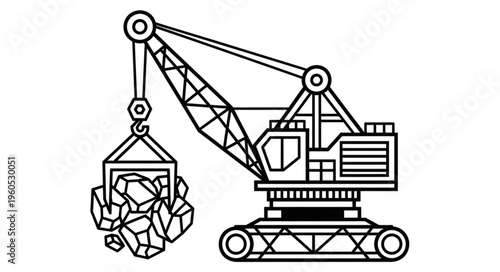 Illustration of a Mining Crane Lifting Rocks.