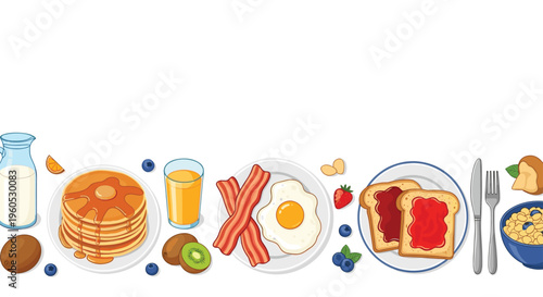 Top view of delicious breakfast assortment includes pancakes, eggs, bacon, toast, fruit, and orange juice on white background.