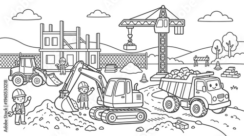 Excavator and construction worker on site.