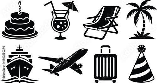 A collection of vacation and celebration themed black silhouette icons on a white background