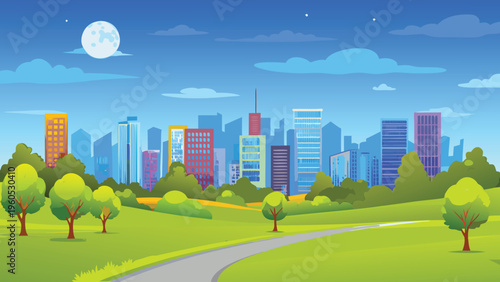 Cartoon cityscape with green parkland and a bright moonlit sky