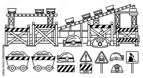 Illustrated construction and mining carts barriers and signs set.