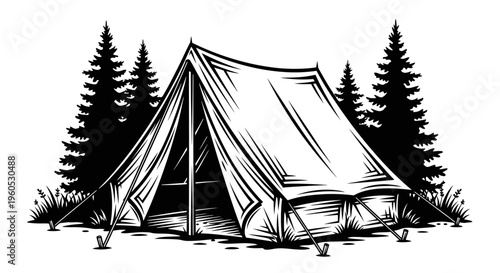A bold black and white vector illustration shows a classic A-frame tent pitched in a forest clearing, securely anchored by taut guy lines and framed by the striking dark silhouettes of big pine trees