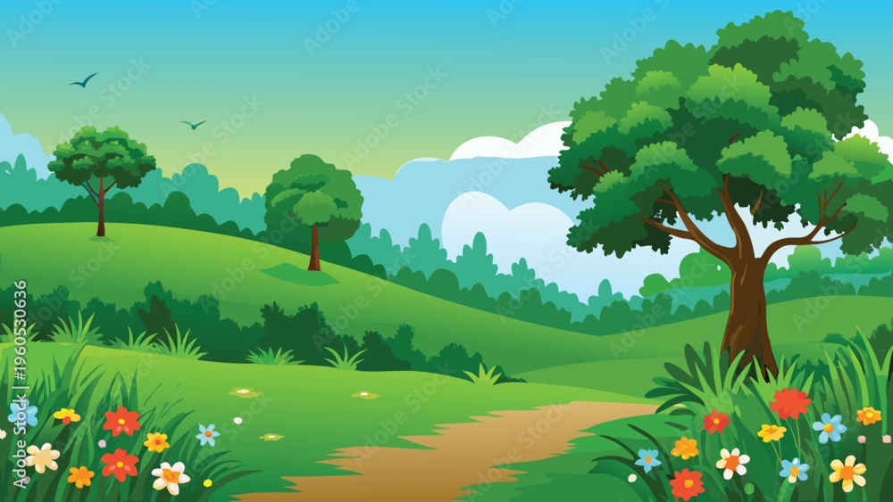 Fototapeta premium A vibrant landscape with rolling green hills and lush trees