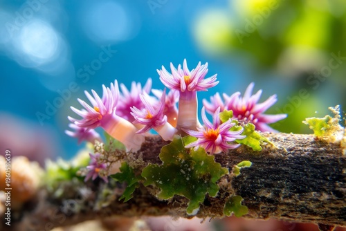 Wallpaper Mural Delicate Pink Coral Tips in Shallow Coastal Water Surrounded by Green Algae and Blue Background Torontodigital.ca
