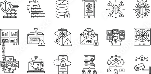 Cybersecurity and Data Protection Icon Set Featuring Firewall, VPN, Malware Protection, Secure Connection, Encryption, and Digital Security Tools in Black and White