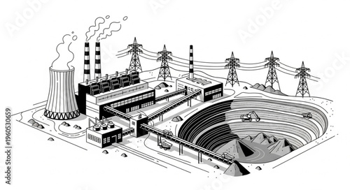 Illustration of a Coal-Fired Power Plant with Cooling Pond.
