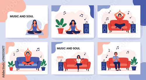 Music and Soul illustration set depicts people relaxing, meditating, and practicing yoga while listening to music at home.